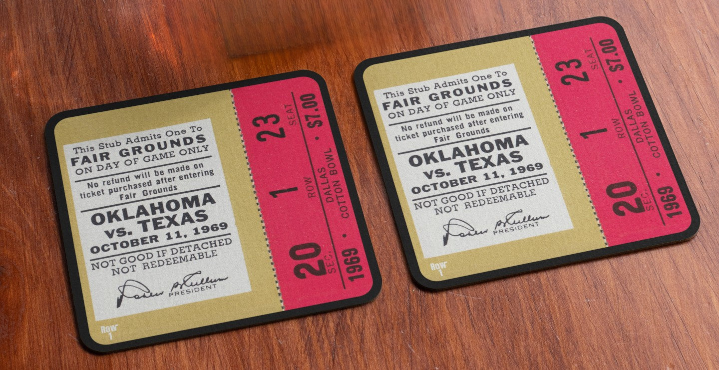 1969 Oklahoma Sooners vs. Texas Longhorns Football Ticket Drink Coasters with Texas State Fair Grounds Ticket Stub | Row One Brand