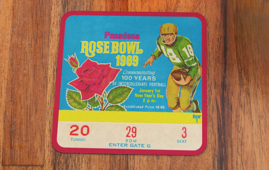 Historic Sports Gifts | Row One Brand Vintage Ticket Stub Drink Coasters | 1969 Rose Bowl Game Ticket with Running Back and Rose Flower Graphics