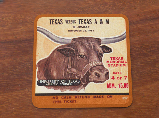 November 28, 1969 Texas Football Ticket with Bevo art graphics | Row One Brand Vintage Ticket Stub Gifts | Birch Wood Drink Coasters Made in United States