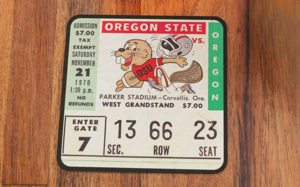 Row One Brand Vintage Sports Gifts | 1970 Oregon State vs. Oregon Football Ticket  with Cartoon Beaver Runner Helmet Flying Off Drink Coasters | Collectible Sports Coaster Sets