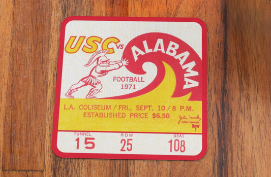 Ticket Stub Drink Coasters | Row One Brand | 1971 Alabama Crimson Tide vs. USC Trojans Ticket with Cartoon Trojan and Wave Graphics