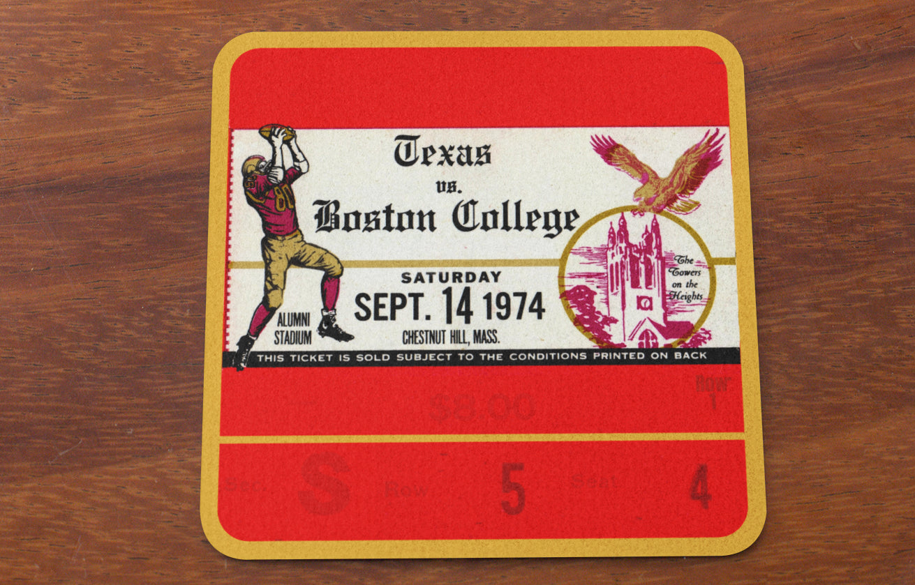 1974 Texas vs. Boston College Football Ticket Drink Coasters