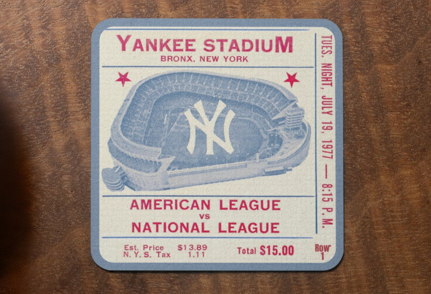 1977 New York Yankees All-Star Game Ticket Stub Drink Coaster Set | Row One Brand Birch Wood Drink Coasters | Made in the U.S.A.