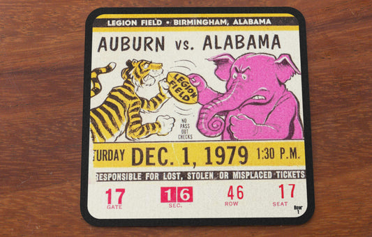 Row One Brand Vintage Sports Gifts | 1979 Auburn vs. Alabama Football Ticket Coasters with Cartoon Graphics