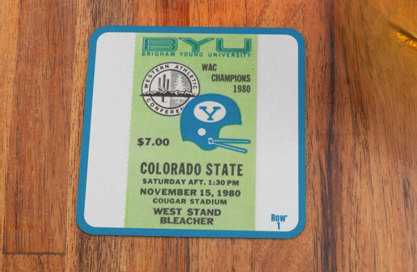 1980 BYU Cougars vs. Colorado State Rams Football Ticket Stub Drink Coasters with BYU Throwback Helmet Graphics