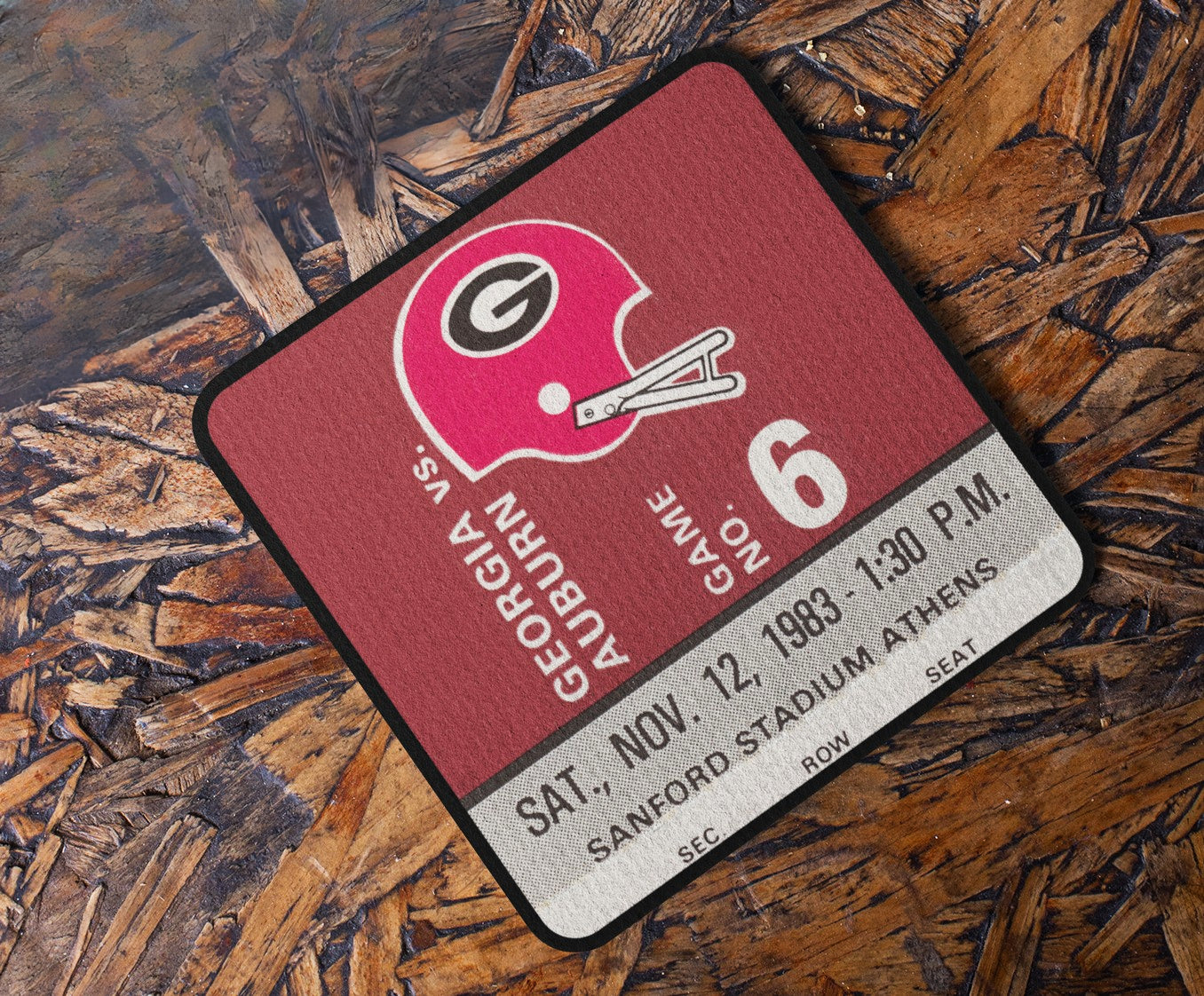 Row One Brand Vintage Ticket Stub Drink Coasters | 1983 Auburn Tigers vs. Georgia Bulldogs Ticket with Throwback Georgia Helmet Art Graphics | Unique College Gifts