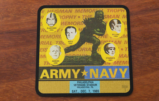 1985 Army Navy Football Ticket Drink Coasters with Heisman Trophy Photo Graphics | Row One Brand Historic Sports Gifts