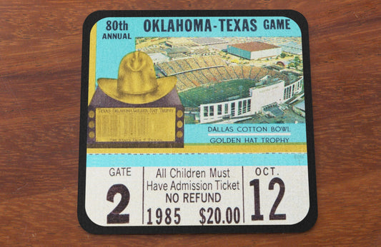 Row One Brand Sports Gifts | 1985 Oklahoma Sooners vs. Texas Longhorns Football Ticket Stub Drink Coasters with Cotton Bowl Stadium and Golden Hat Trophy Graphics | Price of Admission $20