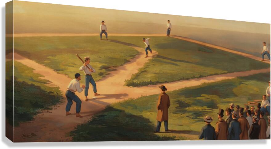 Row One Brand 1866 vintage baseball canvas print of a vintage baseball scene on a field, showing players at bat and a crowd of spectators under warm golden-hour light.