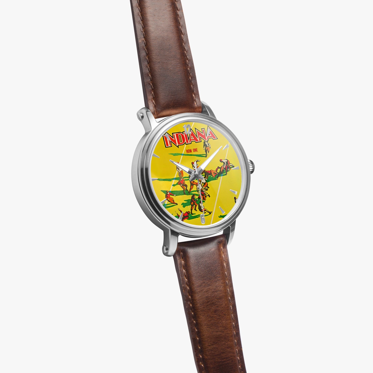 Vintage 1930 Indiana Hoosiers Football Program Cover Art Watch with brown leather band side angle view