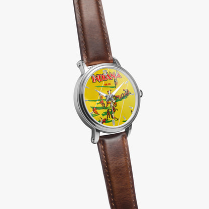 Vintage 1930 Indiana Hoosiers Football Program Cover Art Watch with brown leather band side angle view