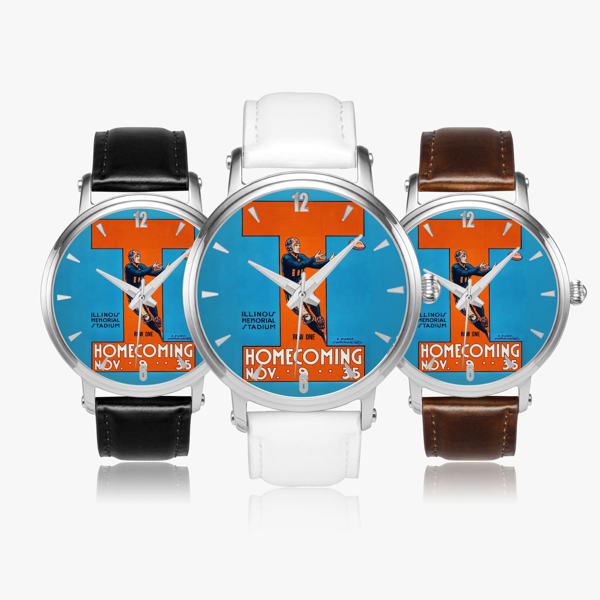 Three Row One Brand vintage Illinois football art watches with different colored straps displaying a 'Homecoming' design on the face.