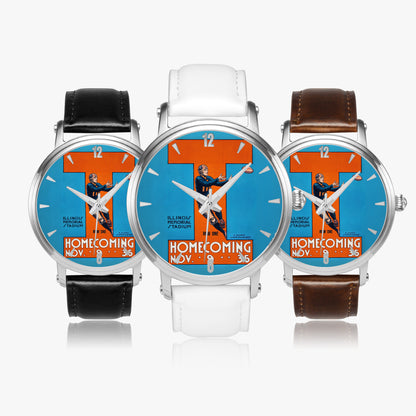Three Row One Brand vintage Illinois football art watches with different colored straps displaying a 'Homecoming' design on the face.