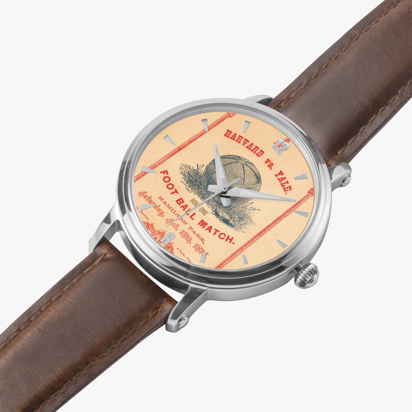 Watch with a unique face featuring a vintage sports program watch face design on a white background