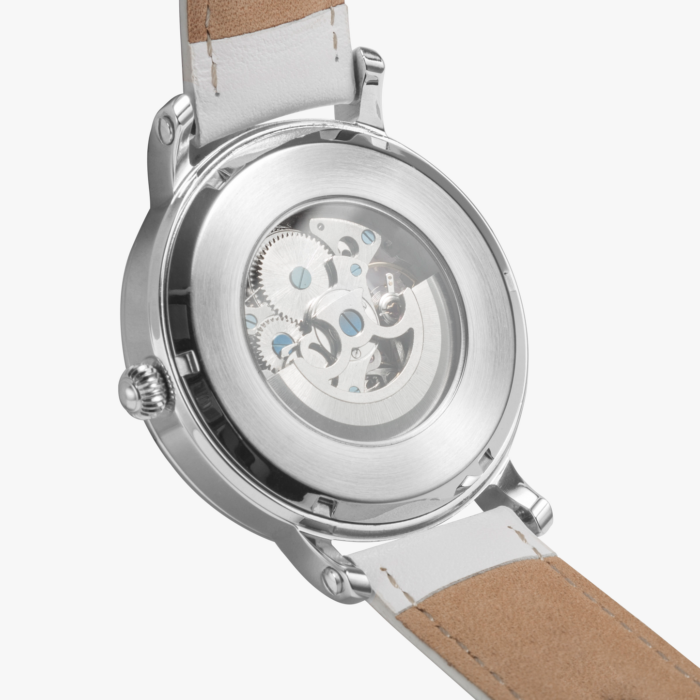 Watch with a visible mechanical movement on a white background