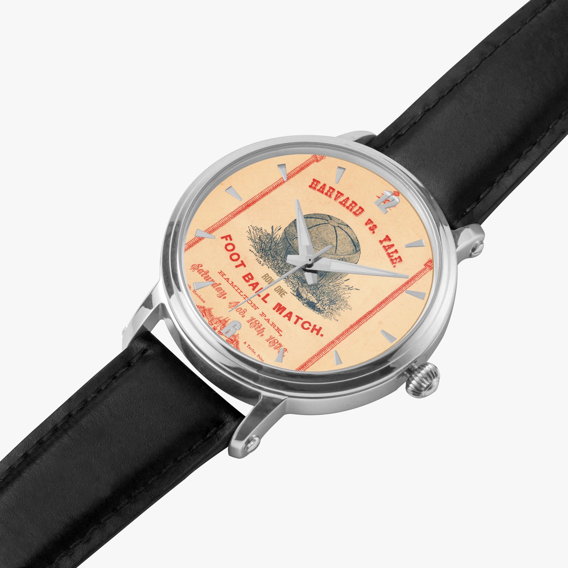 Row One Brand vintage 1876 Harvard-Yale Watch with leather band with vintage football watch face graphics