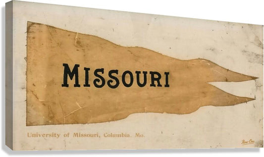 Authentic 1906 Vintage Missouri flag pennant print featuring a tan torn-paper flag with the word MISSOURI in black, mounted on an aged cream background with small printed text at the bottom.