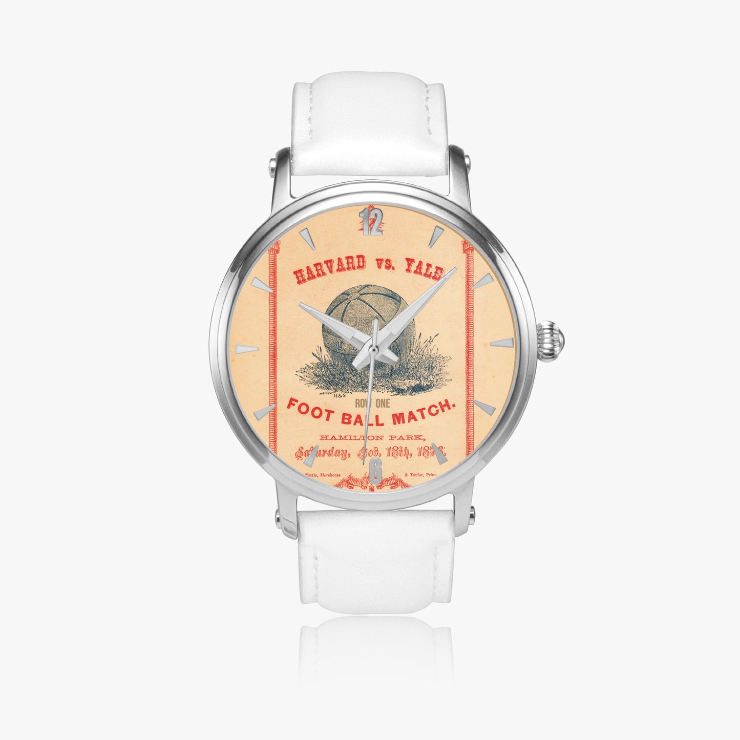 Row One Brand 1876 Harvard-Yale Football Program Cover Art Watch with White Leather Band