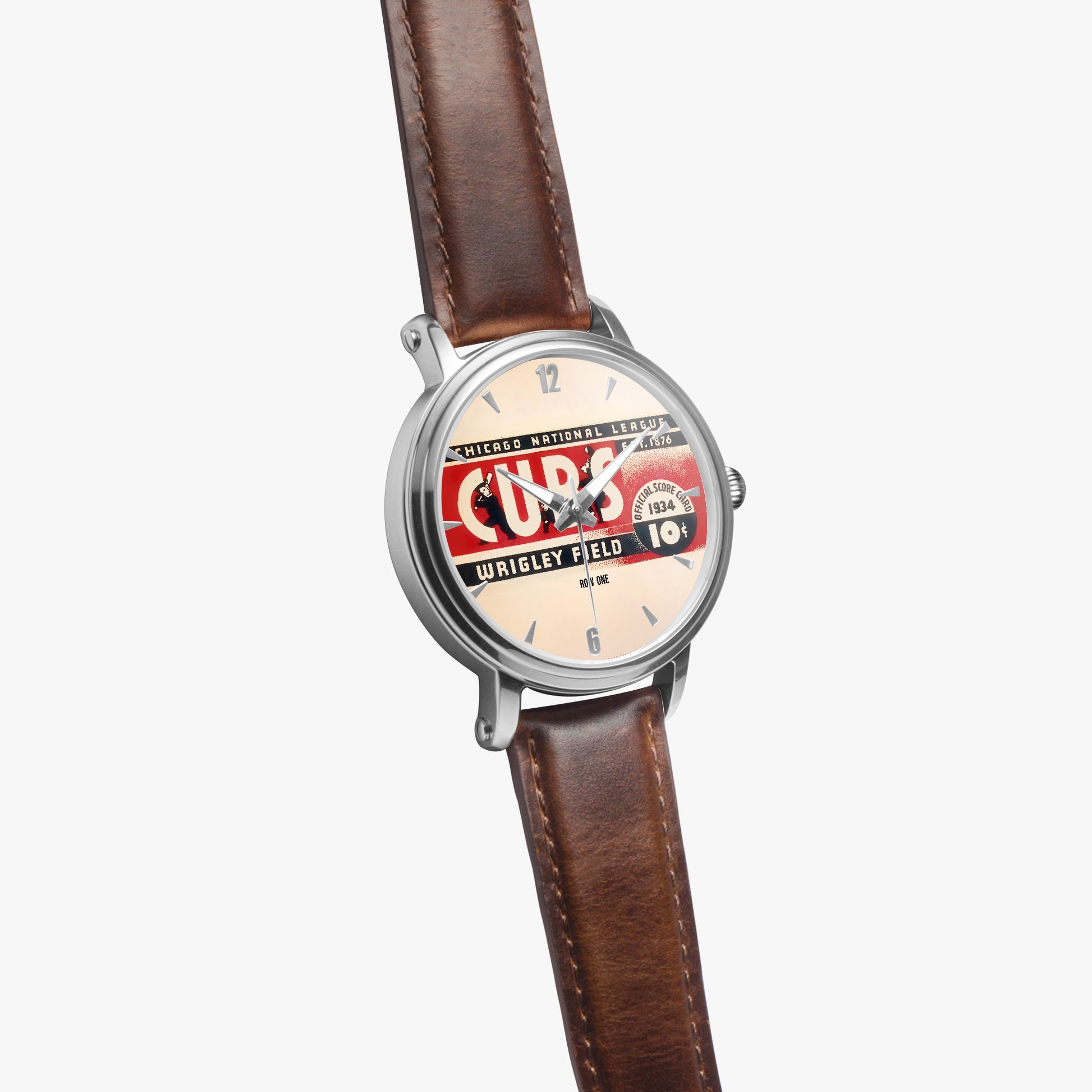 1934 Chicago Cubs Baseball Score Card Art Watch from Row One Brand with Brown Leather Band Side Angle View