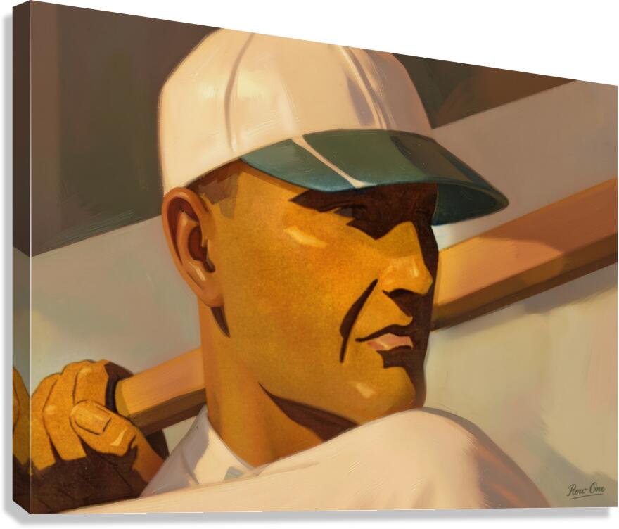 A rectangle vintage sports canvas art print featuring a stylized, painterly portrait of a baseball player in a white cap with a teal visor, holding a bat over his shoulder.