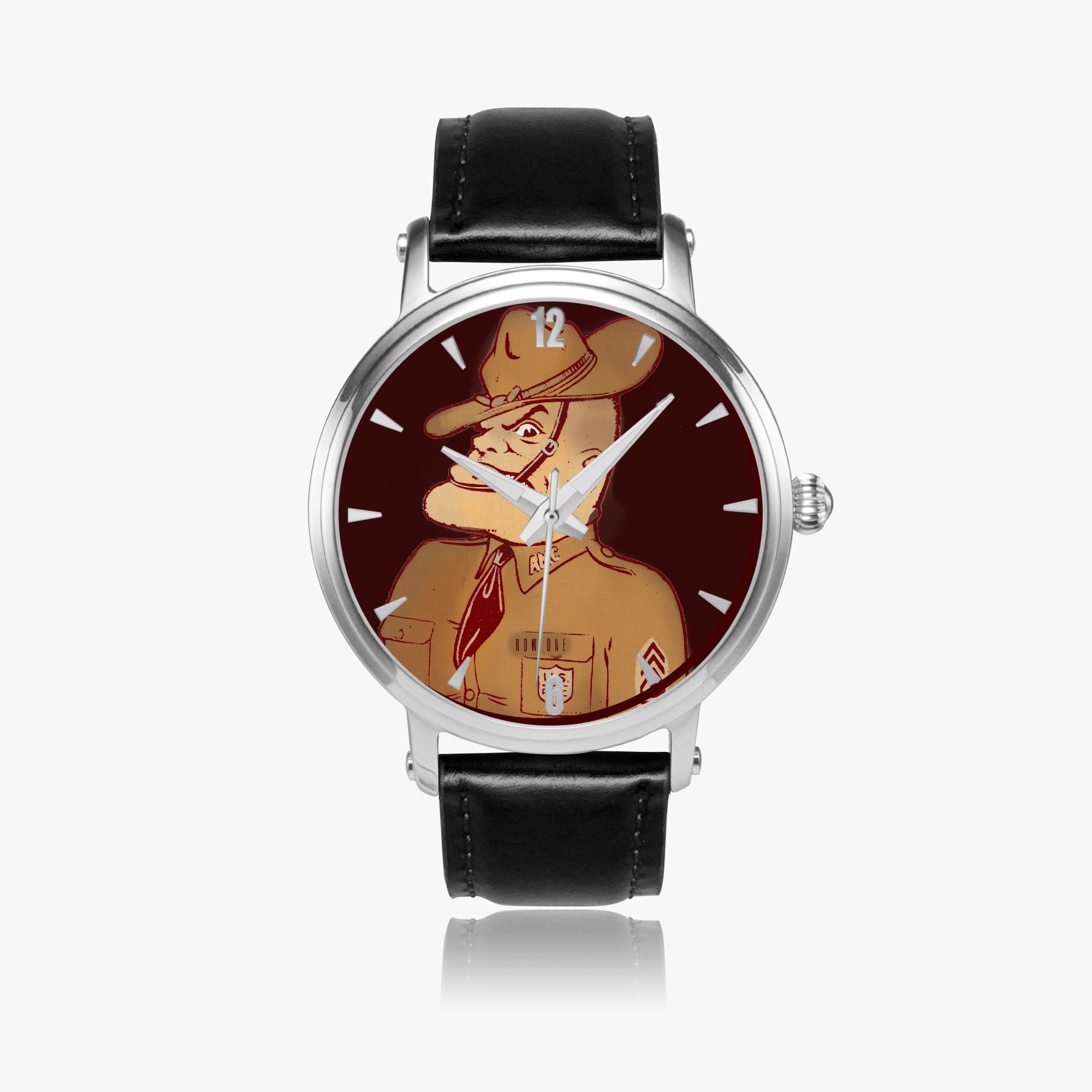 Watch with a vintage art graphic on the dial against a white background