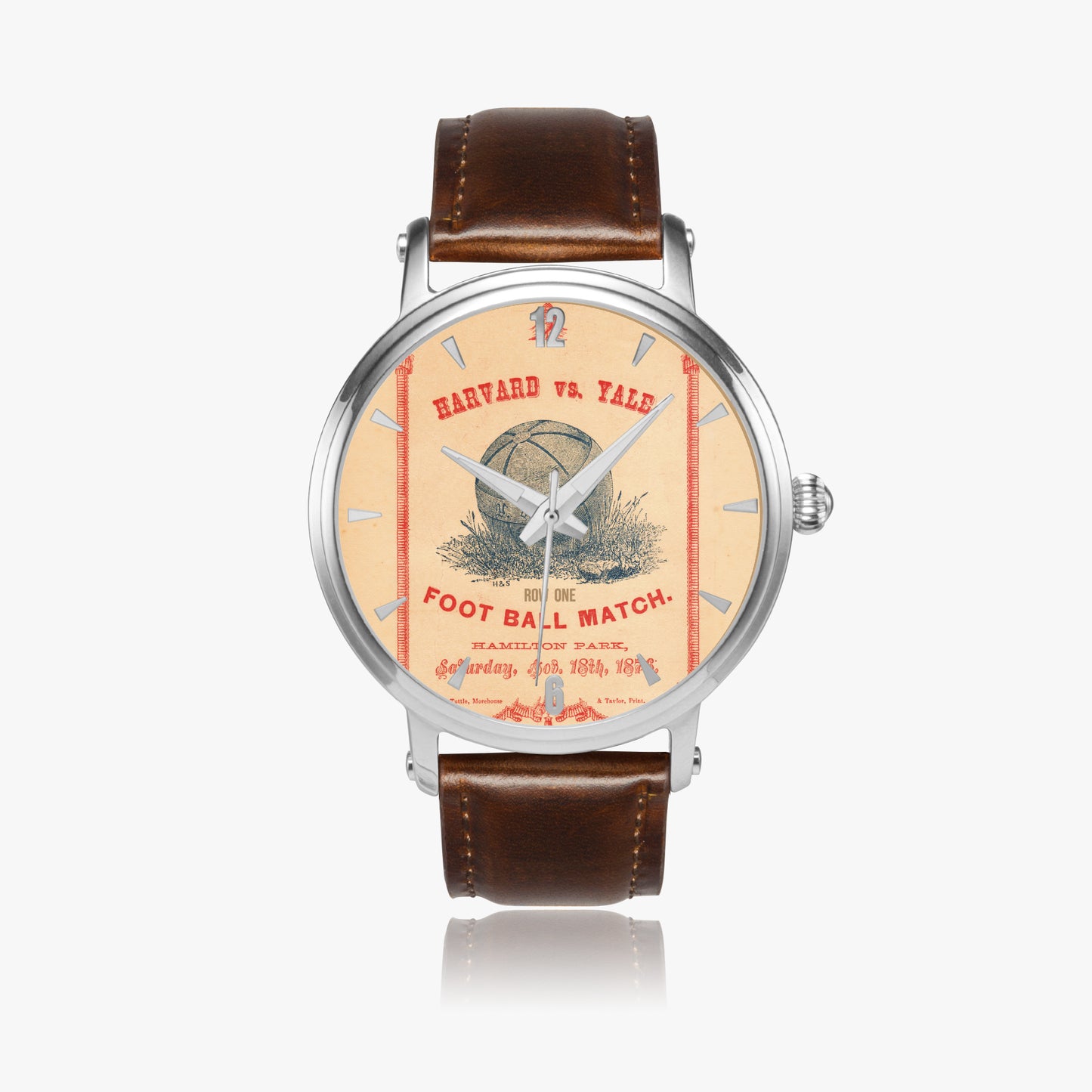 Watch with 1876 Harvard- Yale Football Match program cover art and Row One Brand trademark in center