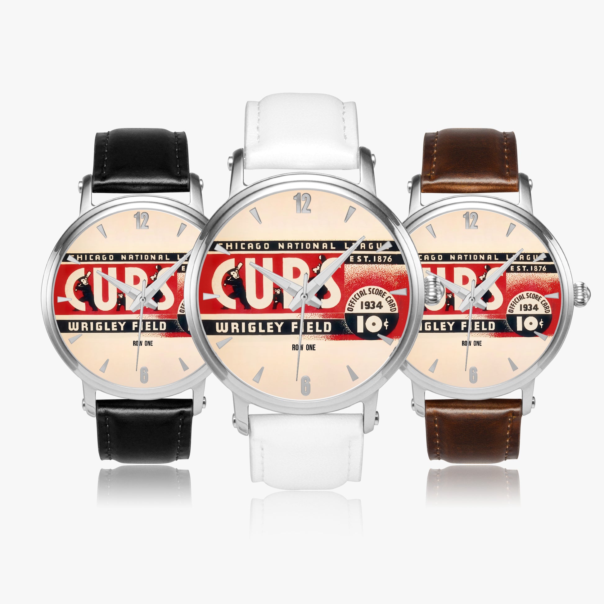 Three 1934 Chicago Cubs Score Card Art Watches from Row One Brand with brown, white, and black leather bands
