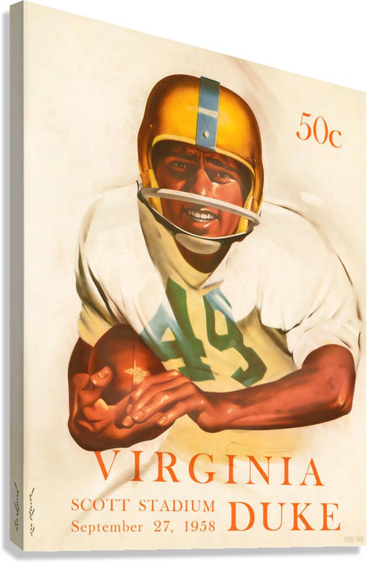 Vintage 1958 historic illustrated canvas print showing a football player in a white  jersey with green number 49, wearing a gold helmet, with text reading '50c', 'VIRGINIA SCOTT STADIUM', 'DUKE', and 'September 27, 1958'.