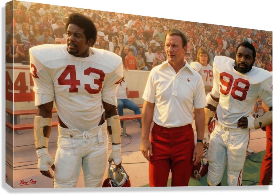 Oklahoma Sooners football sideline canvas art showing Rod Shoate, Barry Switzer, and Luious Selmon in the 1970s at Owen Field in Norman.