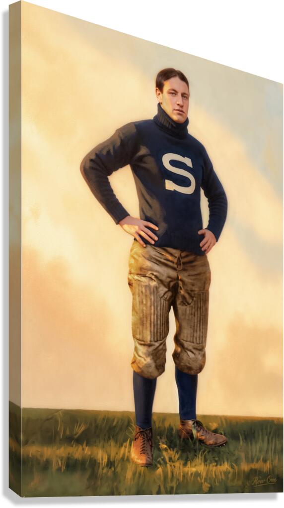 A canvas Penn State football wall art print depicting a vintage football player standing in a field at sunset, wearing a dark navy jersey with a large white letter 'S' and tan knee pads.