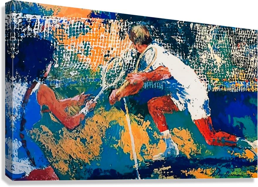 A colorful canvas wall art print depicting two tennis players in a dynamic, textured brushstroke style. The artwork features a vibrant mix of blue, orange, white, red, and yellow tones, with the canvas shown at an angle against a plain white background.
