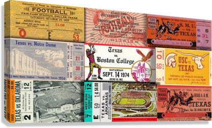 A Row One Brand vintage canvas wall art print featuring a collage of vintage Texas football ticket designs and stadium imagery, shown at a slight angle against a white background.