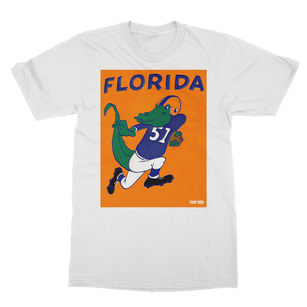 1951 Florida Gator Football Cartoon Art T-Shirt | Row One Brand Vintage College Tees | Apparel with Historic Sports Memorabilia Ornamental Graphic Designs