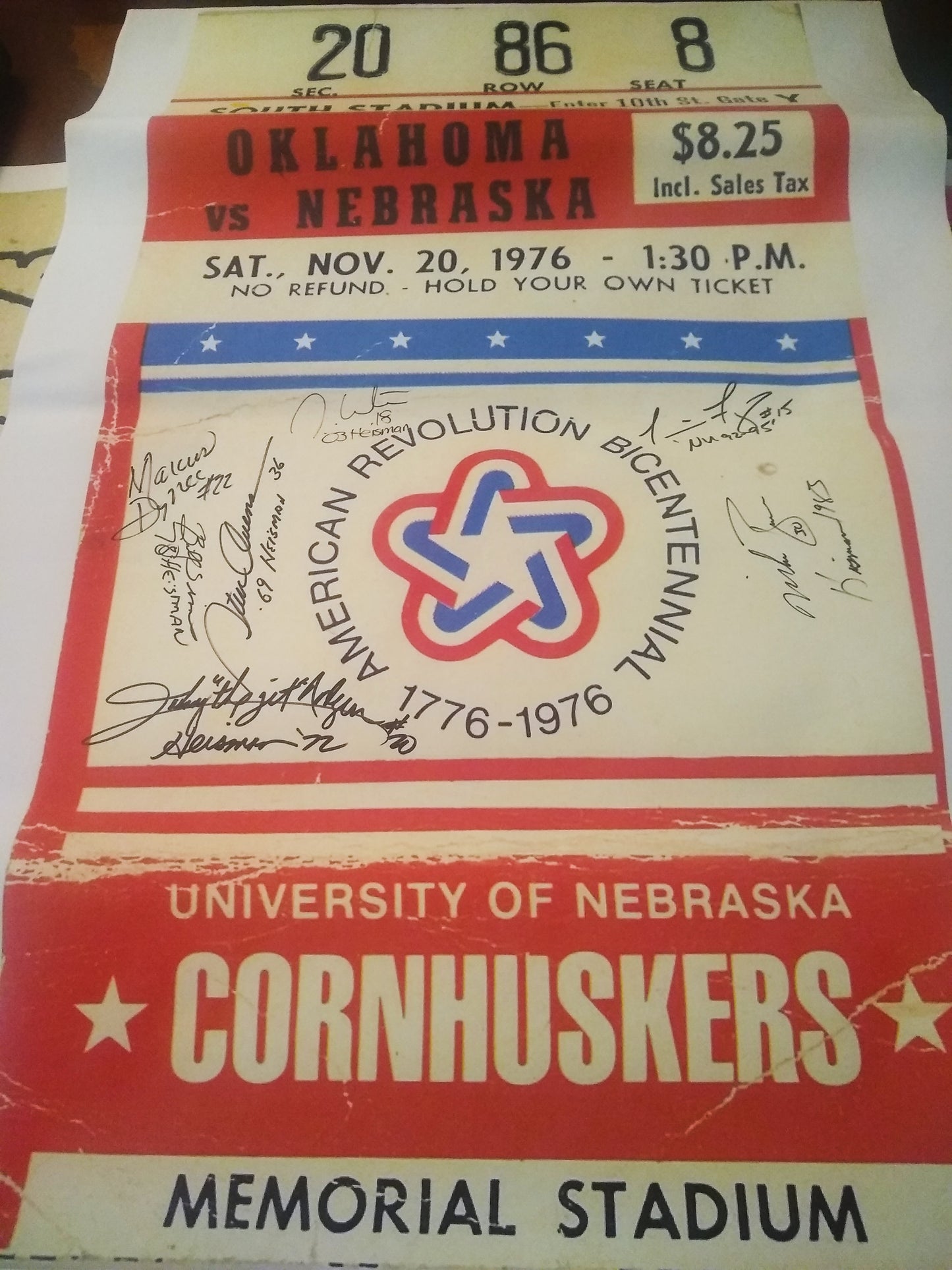 1976 Oklahoma vs. Nebraska Football Ticket Signed by 7 Players
