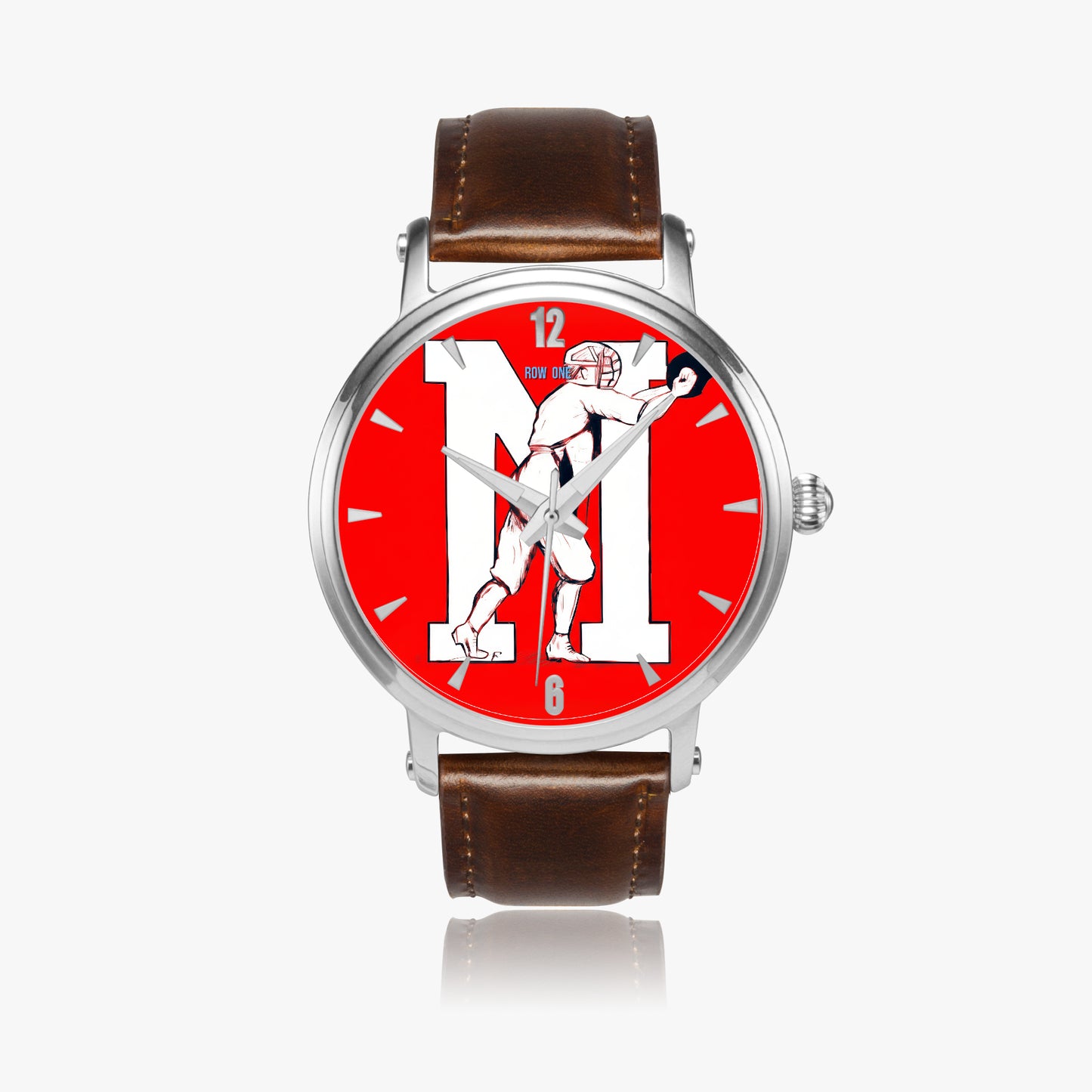 Upright photo of Row One Brand vintage early 1900s Ole Miss Rebels baseball art watch with brown leather band