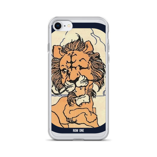 A clear iPhone case featuring a stylized illustration of a lion face in orange, beige, and black, with navy blue borders at the top and bottom. The text 'ROW ONE' is printed in white at the bottom of the design.