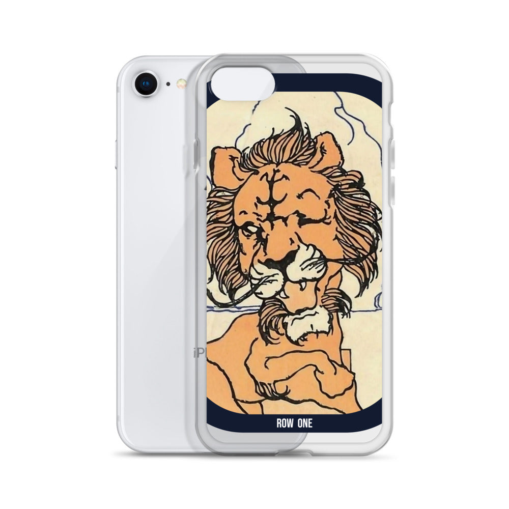 A clear iPhone case shown from the back, featuring a printed illustration of a lion in orange and beige with dark navy borders and the text 'ROW ONE' at the bottom.