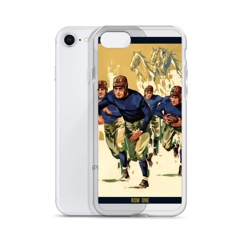 A clear iPhone case shown from the back, featuring a vintage-style football illustration with players in blue and olive tones on a cream background. The case is displayed in front of a plain white studio background.
