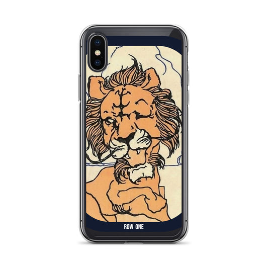 A clear smartphone case with a printed graphic of a stylized lion face in orange, cream, and black, with the text 'ROW ONE' at the bottom, shown on a white background.