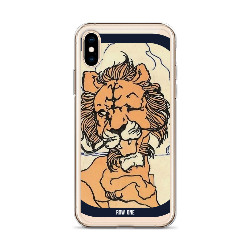 A clear iPhone case featuring a stylized graphic illustration of a lion's face in orange, beige, and black, with the text 'ROW ONE' at the bottom, shown on a white background.