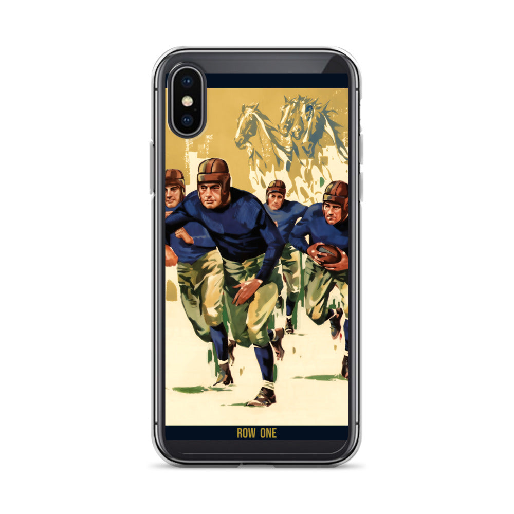A clear smartphone case with a printed vintage football illustration on the back, shown on a phone against a plain white background.