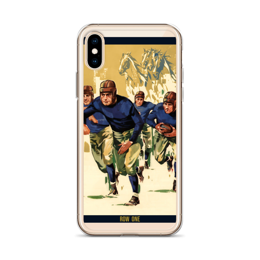 A clear iPhone case featuring a vintage-style football player graphic print, shown on a white background.