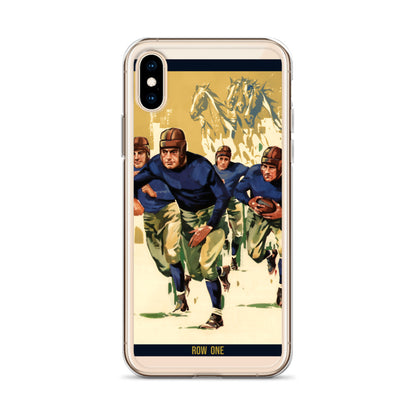 A clear iPhone case featuring a vintage-style football player graphic print, shown on a white background.