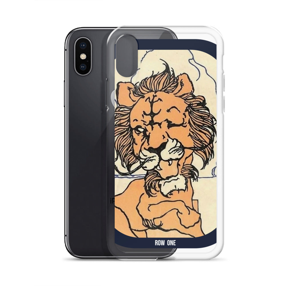 A clear smartphone case shown over the back of a black phone, featuring a stylized illustrated lion face in orange, cream, and dark navy with the text 'ROW ONE' at the bottom.