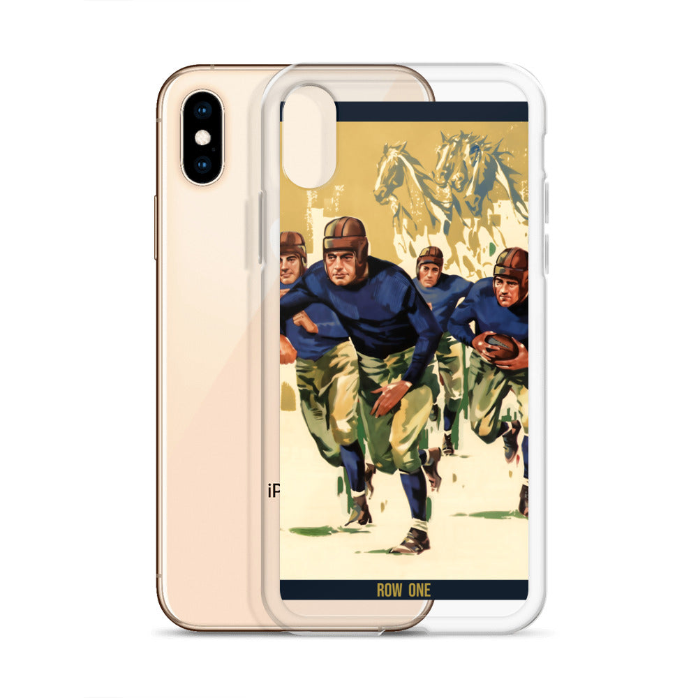 A clear phone case with a vintage football player illustration on the back, shown over a gold iPhone on a white background.