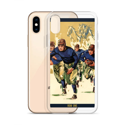 A clear phone case with a vintage football player illustration on the back, shown over a gold iPhone on a white background.
