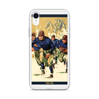 A clear iPhone case featuring a vintage-style football illustration with players in blue and olive green uniforms on a cream background, shown on a white phone against a light gray studio backdrop.