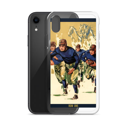 A clear phone case shown on a smartphone, featuring a vintage football player illustration with the text 'ROW ONE' at the bottom. The case is displayed in front of a black smartphone to show both the clear case and the phone underneath.