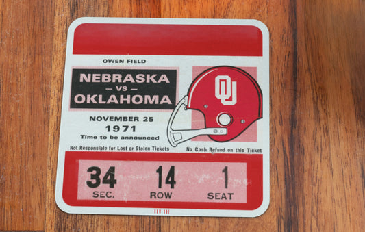 1971 Oklahoma vs. Nebraska Game Ticket Stub Drink Coasters