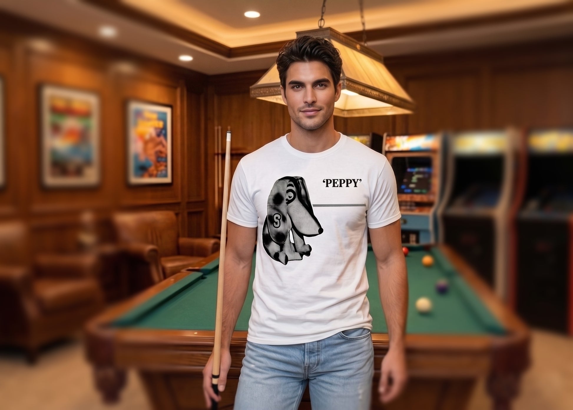 Row One Brand vintage college tee with 1950s Peppy Dog mascot graphic art on White Gildan Cotton Tee